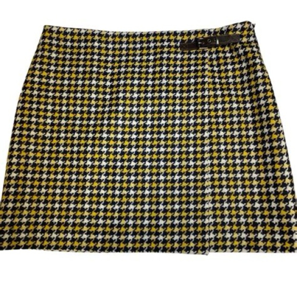 Boden 100% Wool British Tweed Faye Kilt Skirt Navy White Yellow Houndstooth| 14L